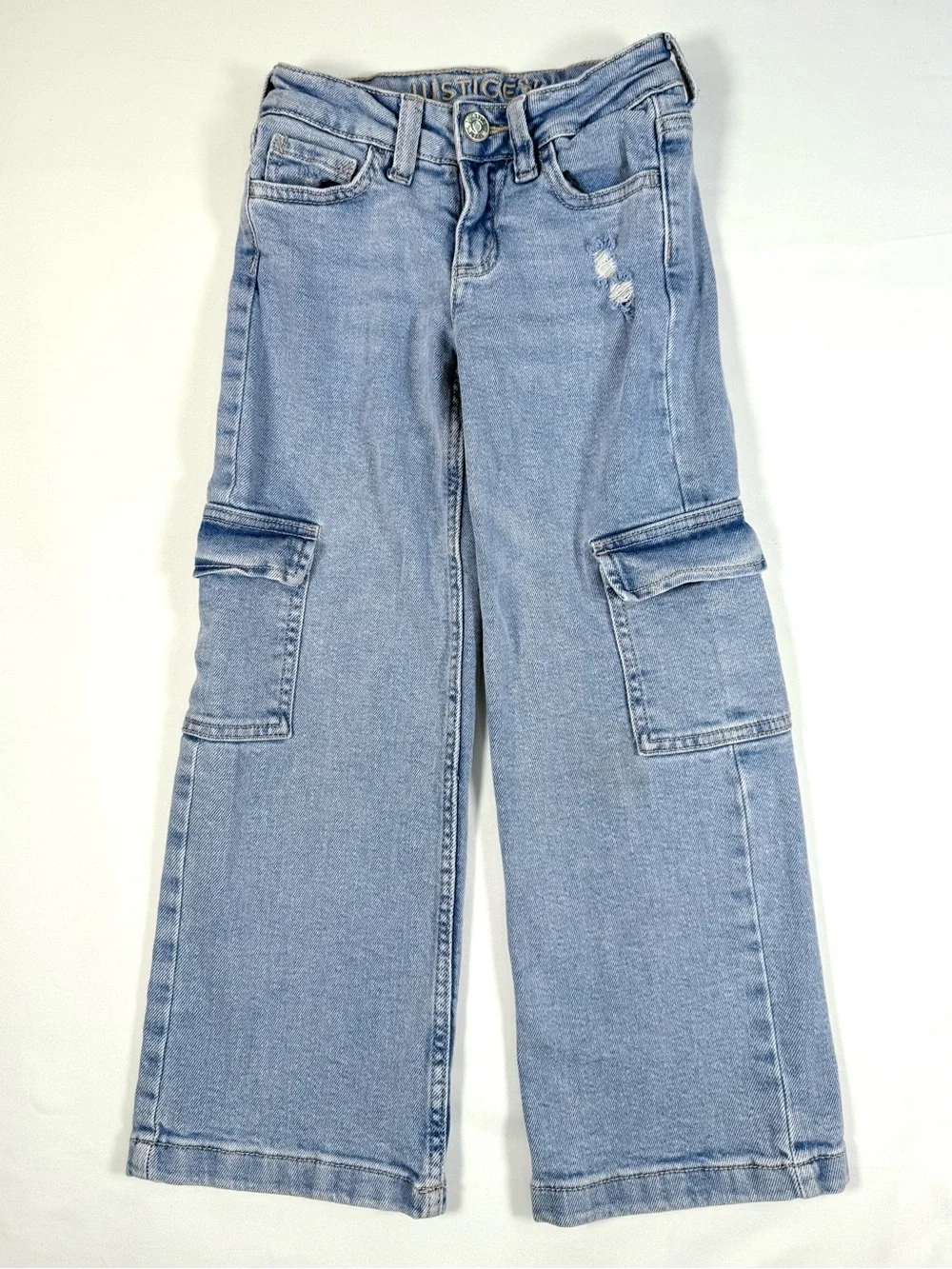 JUSTICE Girls Cargo Wide Leg Jeans 6 Light Wash Baggy Skater Y2K Denim Street